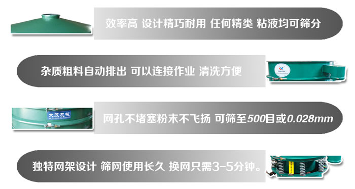 直徑1000mm午夜人妻在线免费观看的特點：效率高，設計精巧耐用，任何精類，粘液均可篩分，雜質粗料自動排出，可以連接作業，清洗方便。網孔不堵塞粉末不飛揚，可篩至500目或0。028mm篩網使用長久，換網隻需3-5分鍾。