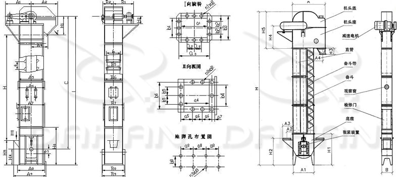 TD/D型鬥式提升機基本結構:機頭蓋，機頭座，減速電機，直管，底座，緊張裝置等。