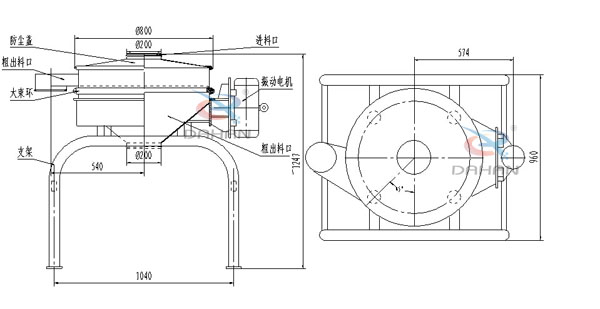 單振源直排篩機構和持續：防塵蓋（mm）：800進料口（mm）：200結構;防塵蓋，大束環，支架，振動電機，進料口等。