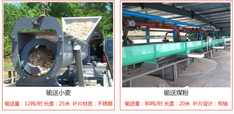 絞龍螺旋輸送機輸送小麥輸送量在12噸/時，長度為25米，葉片采用不鏽鋼材質；輸送水泥輸送量在80噸/時，長度為20米，葉片設計為有軸。