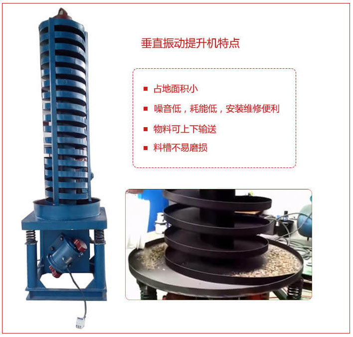 DZC垂直振動提升機主要特點：產品占地麵積小，便於工藝布置。物料殼向上輸送，亦可向下輸送。噪音低，結構簡單，安裝，維修便利。能耗小，節約電能，料槽磨損小。