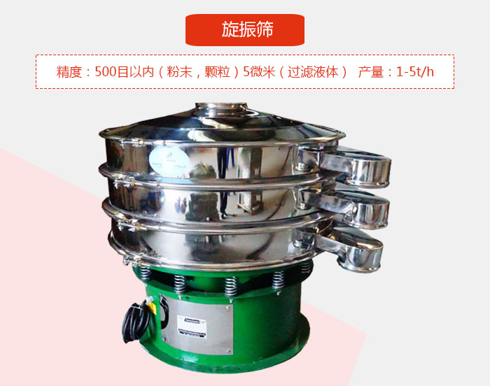 旋振篩精度：500目以內（粉末，顆粒）5微米（過濾液體）產量：1-5t/h