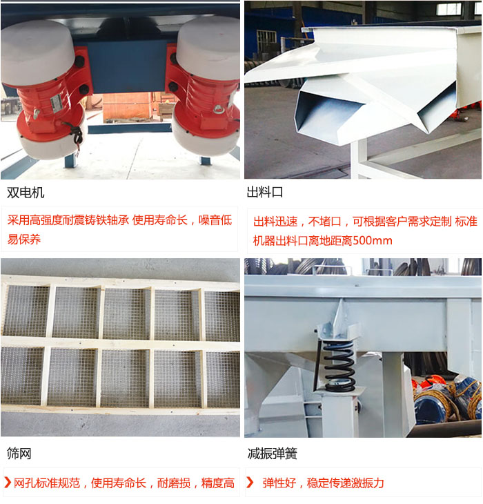 直線午夜人妻在线免费观看優勢：雙電機：采用高強度耐震鑄鐵軸承 使用壽命長，噪音低，易保養 出料口：出料迅速，不堵口，可根據客戶需求定製 標準機器出料口離地距離500mm 篩網：網孔標準規範，使用壽命長，耐磨損，精度高 減振彈簧：彈性好，穩定傳遞激振力