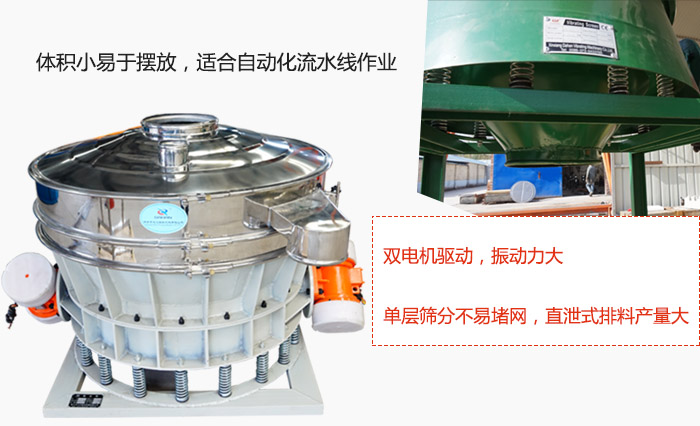 雙電機驅動，振動力大，單層篩分不易堵網，直泄式排料產量大