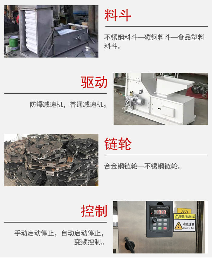 z型鬥式提升機料鬥：不鏽鋼料鬥-碳鋼料鬥-食品塑料料鬥。驅動裝置采用的式防爆減速機，普通減速機兩種。鏈輪采用合金鏈輪-不鏽鋼鏈輪控製器：手動啟動/停止，以及自動啟動停止。