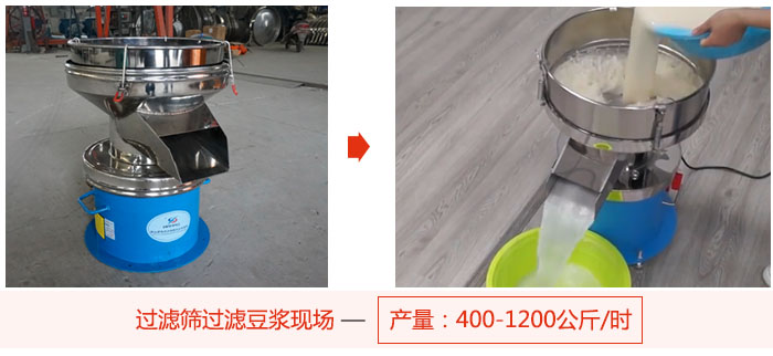 過濾篩過濾豆漿現場，產量高達1200公斤每小時。