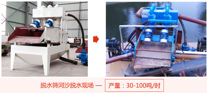 脫水篩河沙脫水現場，產量可達100噸每小時。