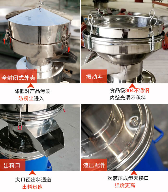 　450過濾篩機結構組成：全封閉式外殼設計：對產品的汙染低，防塵粉進入電機內部延長成人午夜APP下载壽命。振動鬥：食品304不鏽鋼篩鬥，內壁光滑不存在積料現象。出料口，大口徑出料通道，出料迅速，提高工作效率。液壓配件：一次液壓成型無接口強度更高。