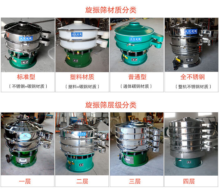 旋振篩材質分類：塑料，全不鏽鋼等旋振篩層級分類：一層，兩層，三層，四層等。